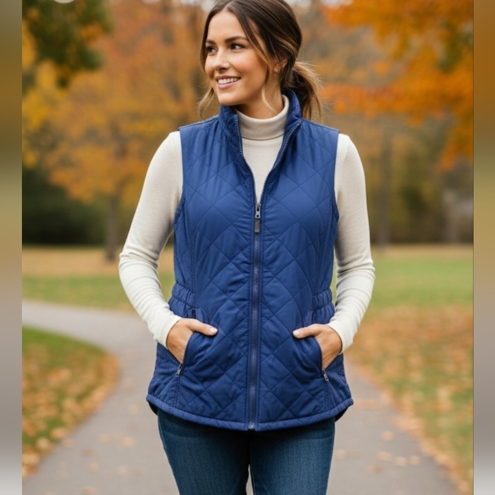 Bit & Bridle Quilted Vest Women Blue Navy Full Zip Pockets Size XS